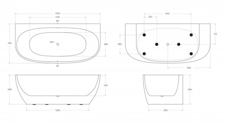 Пристенная, овальная акриловая ванна без перелива BelBagno BB83-1700-W0