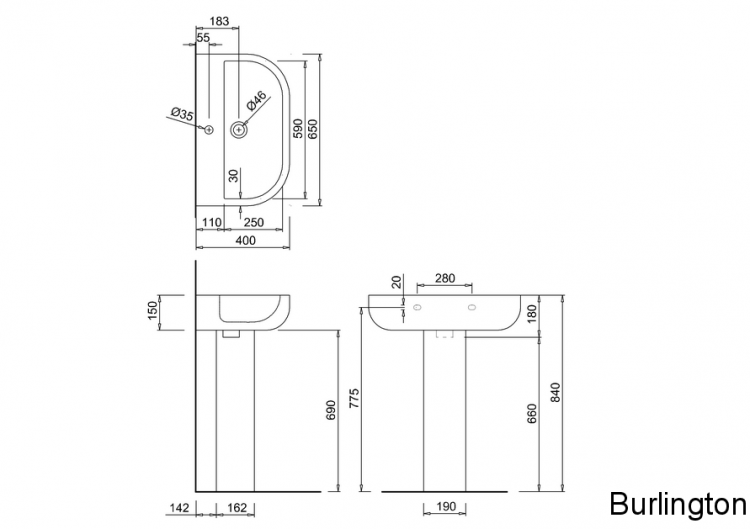 Раковина 650 mm с пьедесталом