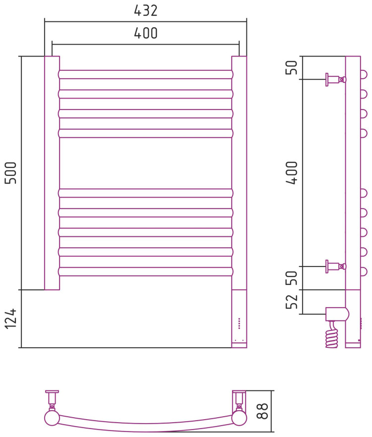 Полотенцесушитель электрический Сунержа Богема 3.0 выгнутая 500х400 МЭМ правый Матовый чёрный