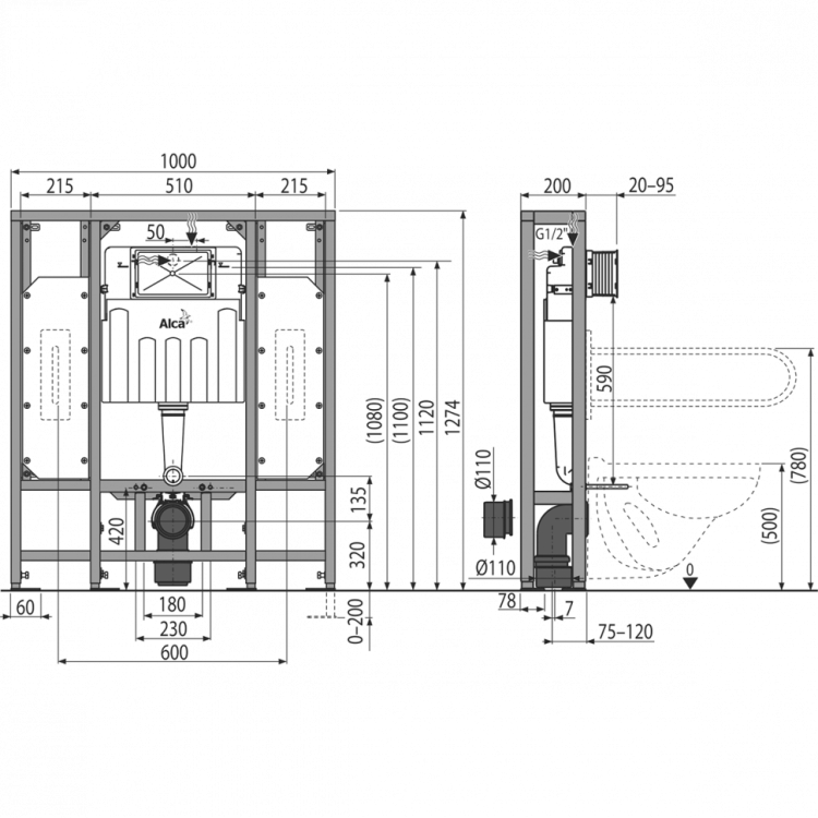 Скрытая система инсталляции для сухой установки (в пространство) – для людей с ограниченными физическими возможностями Alcadrain AM116/1300H Solomodul
