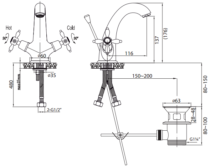 Смеситель для раковины с донным клапаном Cezares NOSTALGIA-LS1-03/24