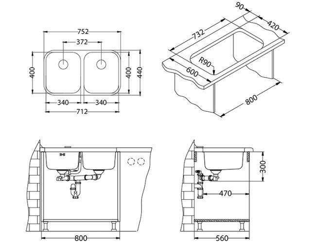 Мойка DUO 30 SAT-90 752X440 в комплекте с сифоном 1127257,