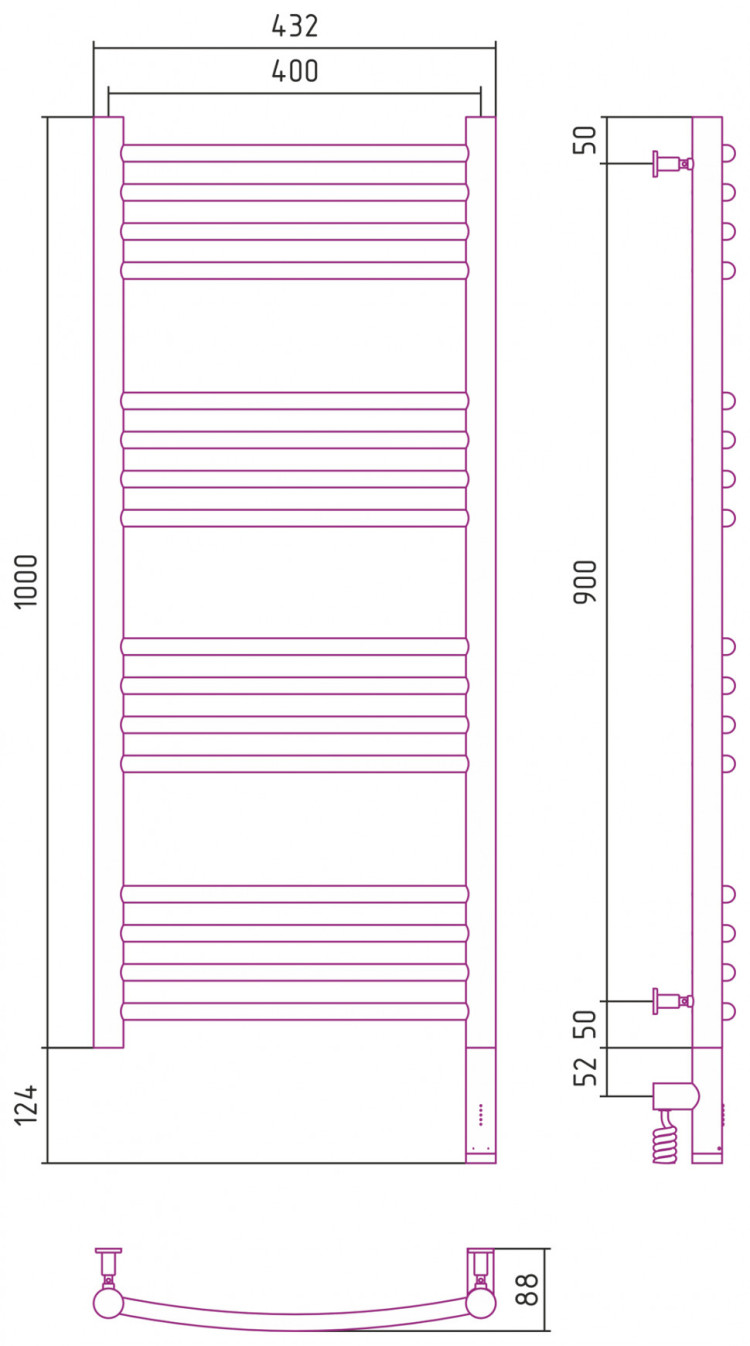 Полотенцесушитель электрический Сунержа Богема 3.0 выгнутая 1000х400 МЭМ правый Матовый белый