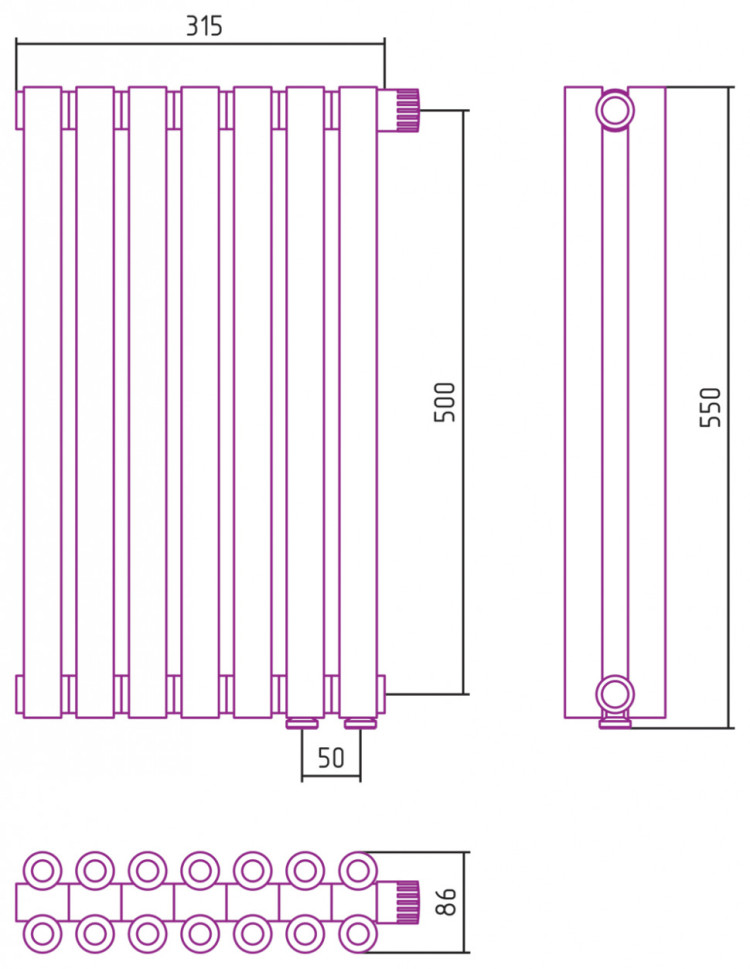 Отопительный радиатор Сунержа Эстет-00 EU50 500х315 7 секций Матовый чёрный