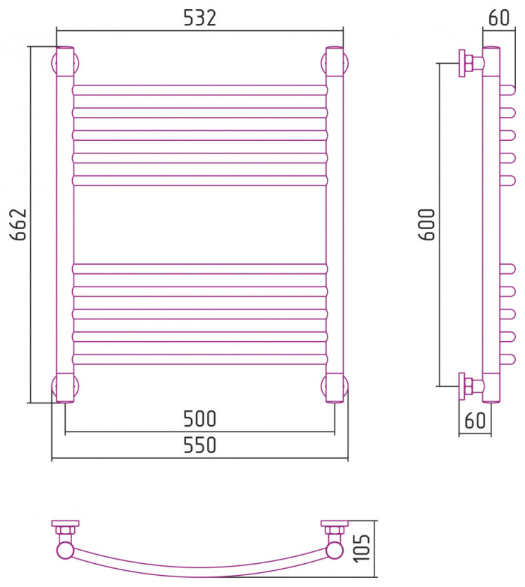 Полотенцесушитель водяной Сунержа Богема+ выгнутая 600х500 RAL 3015 Светло-розовый