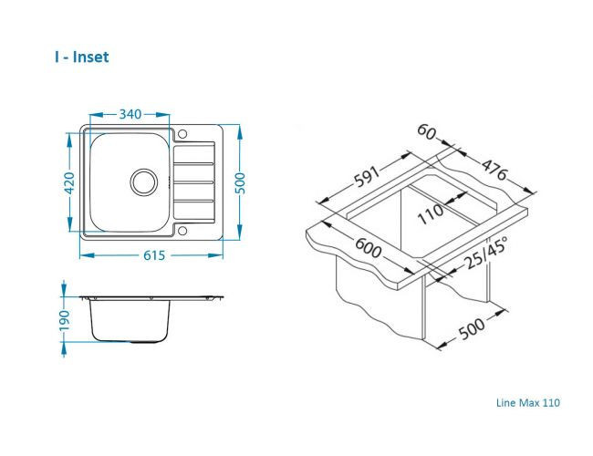 Мойка LINE MAX 110 SAT-90 610x500 в комплекте с сифоном 1130551