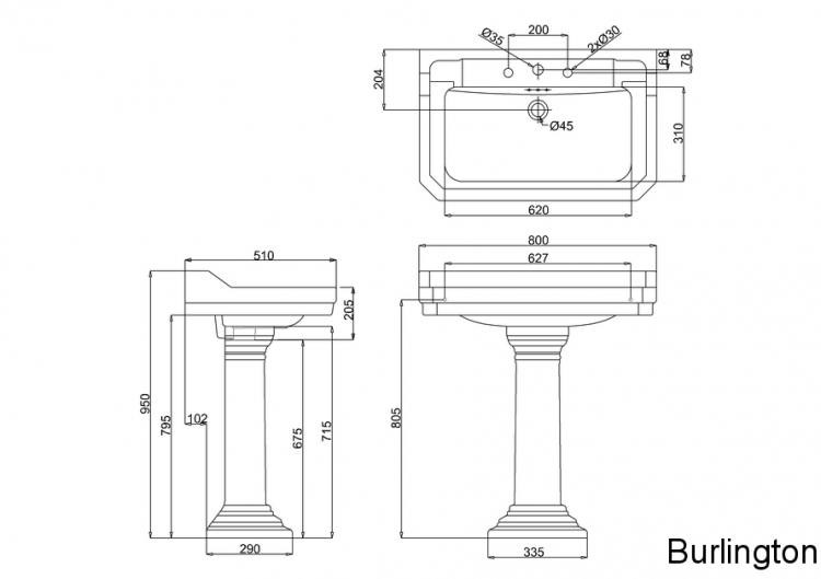 Раковина 80 см на 1 или 3 отверстия с круглым пьедесталом