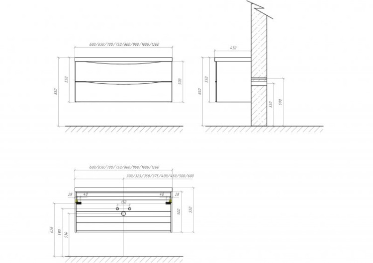 База под раковину подвесная с двумя выкатными ящиками, 900x450x500 BelBagno MARINO-900-2C-SO-WO-P