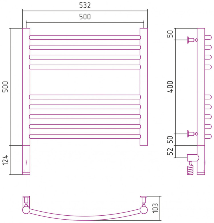 Полотенцесушитель электрический Сунержа Богема 3.0 выгнутая 500х500 МЭМ левый Без покрытия