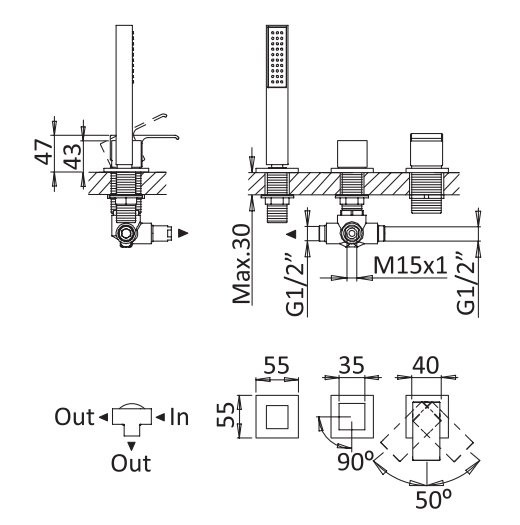 Смеситель на борт ванны с выдвижным душем и переключателем Cezares PORTA-BVDM3-01