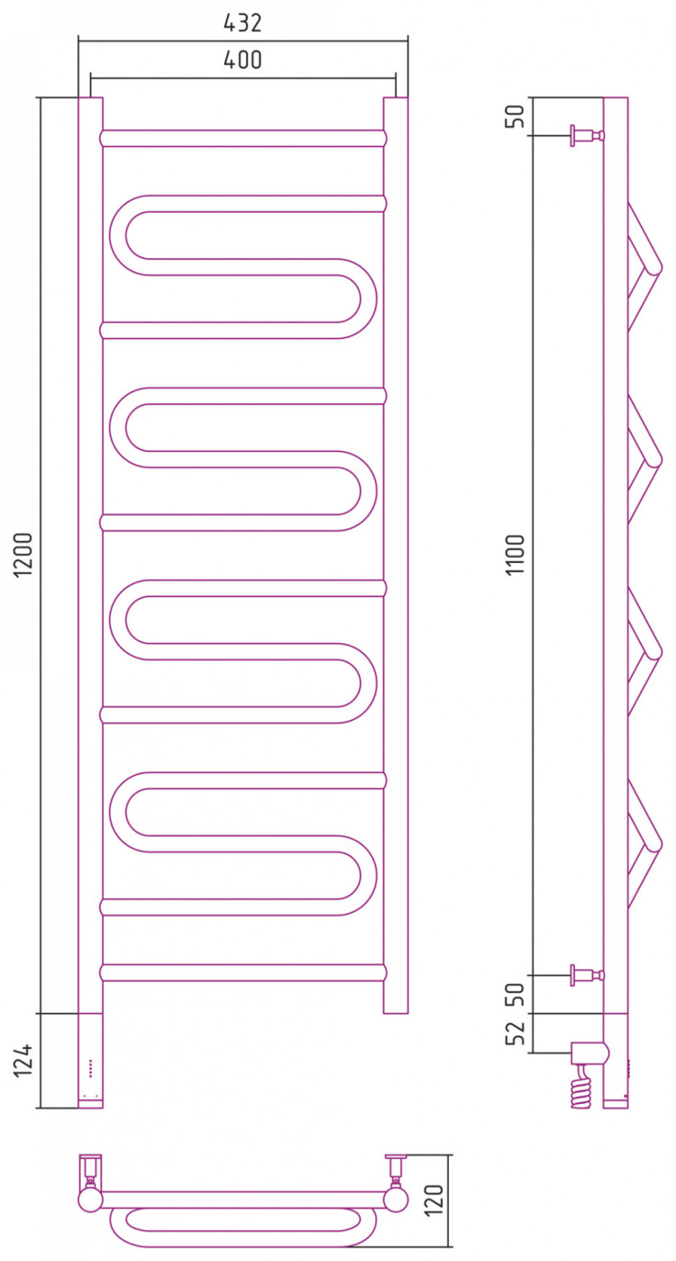 Полотенцесушитель электрический Сунержа Элегия 3.0 1200х400 МЭМ левый Без покрытия