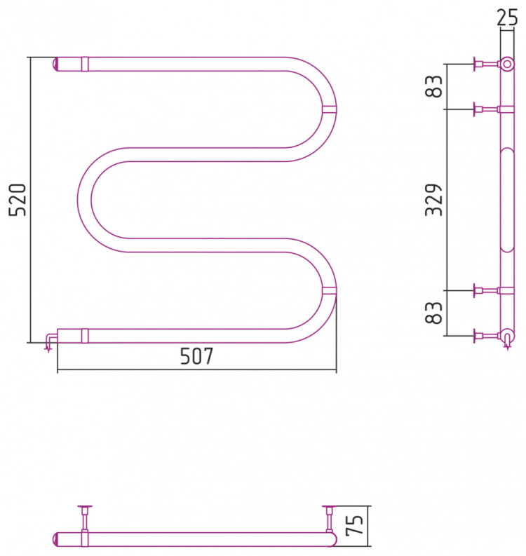 Полотенцесушитель электрический Стилье М-образный 500х500 (53 Вт) Без покрытия