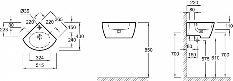 Угловой рукомойник 36.5 х 36.5 см с заглушкой для переливного отверстия Jacob Delafon OVEE1566-00