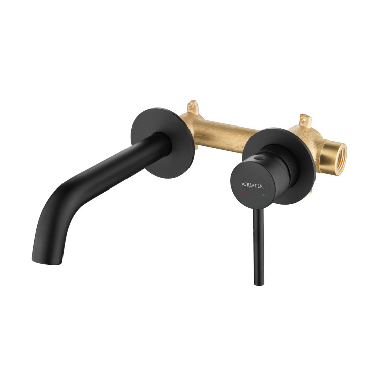 Смеситель для раковины настенный 2 отв. (внешняя и скрытая часть) Aquatek, матовый черный AQ1313MB ЕВРОПА