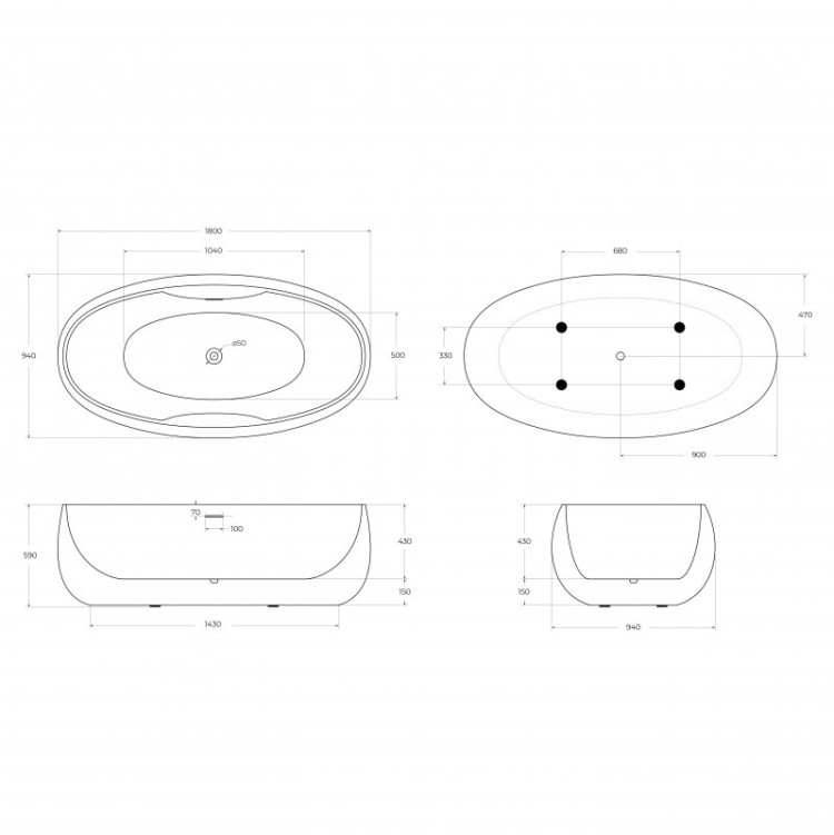 Отдельностоящая, овальная акриловая ванна в комплекте со сливом-переливом цвета хром Cezares BB502-1800-900