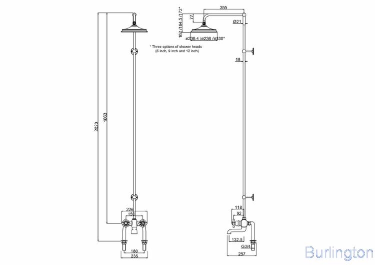 Душевая стойка c внешним термостатом, набортный BT2DS c душевой насадкой 6''