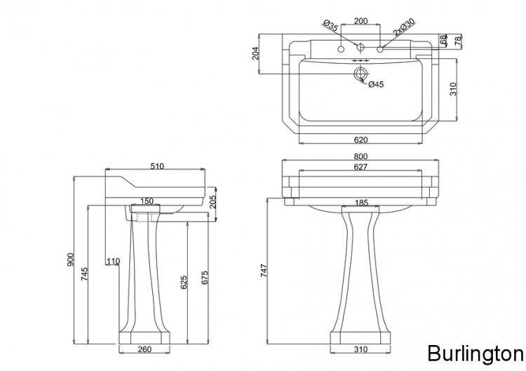 Раковина 80 см на 3 отверcтия с пьедесталом