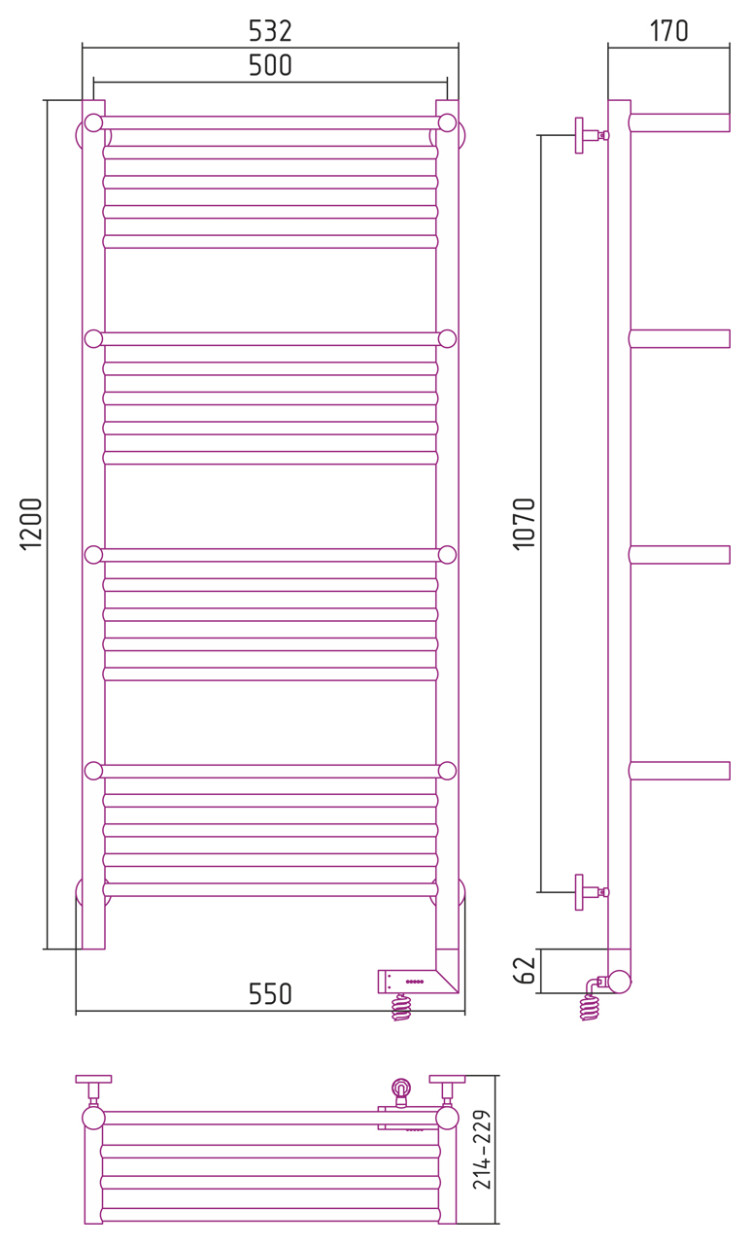 Полотенцесушитель электрический Сунержа Богема +4 полки 2.0 1200х500 МЭМ правый Матовый чёрный