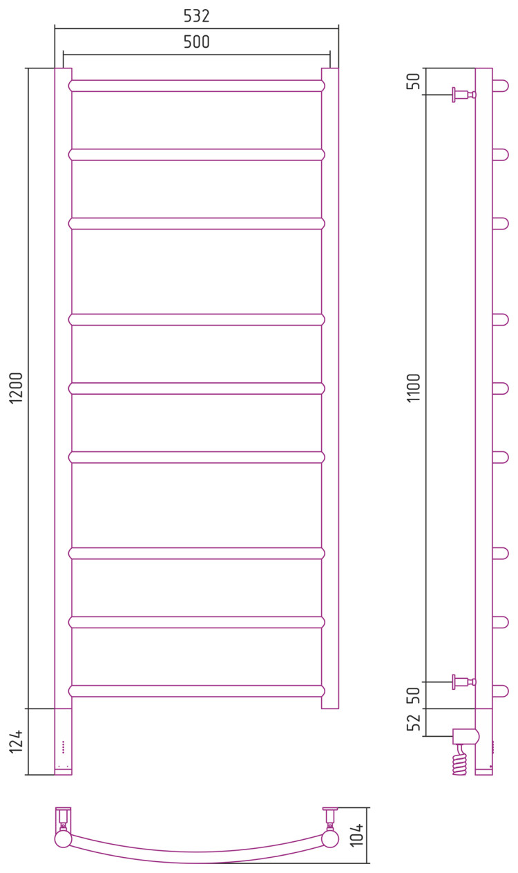 Полотенцесушитель электрический Сунержа Галант 3.0 1200х500 МЭМ левый Матовый чёрный