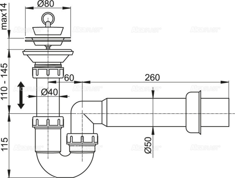 Сифон для мойки с гидрозатвором DN80 Alcadrain A464-DN50