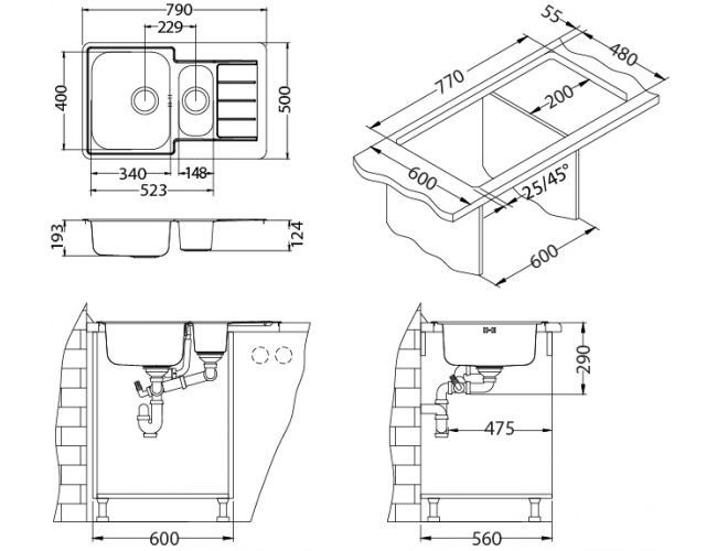 Мойка LINE MAXIM 70 SAT-90 795X505 в компл. с сифоном 1130555,
