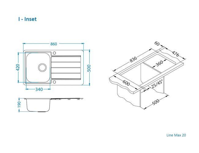 Мойка LINE MAX 20 SAT-90 860x500 в комплекте с сифоном 1130551