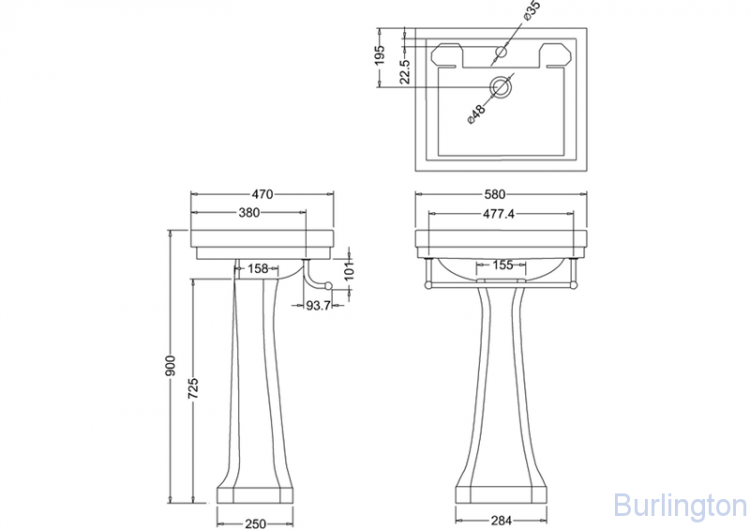 Раковина Contemporary 58 см на 3 отверстия с пьедесталом Regal и полотенцедержателем