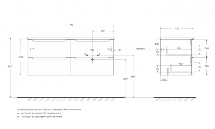 База под керамическую раковину подвесная с двумя выкатными ящиками BelBagno ETNA-600-2C-SO-BL-P