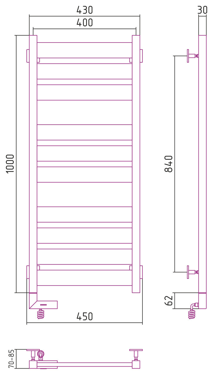 Полотенцесушитель электрический Сунержа Центурион 2.0 1000x400 МЭМ левый Матовый чёрный
