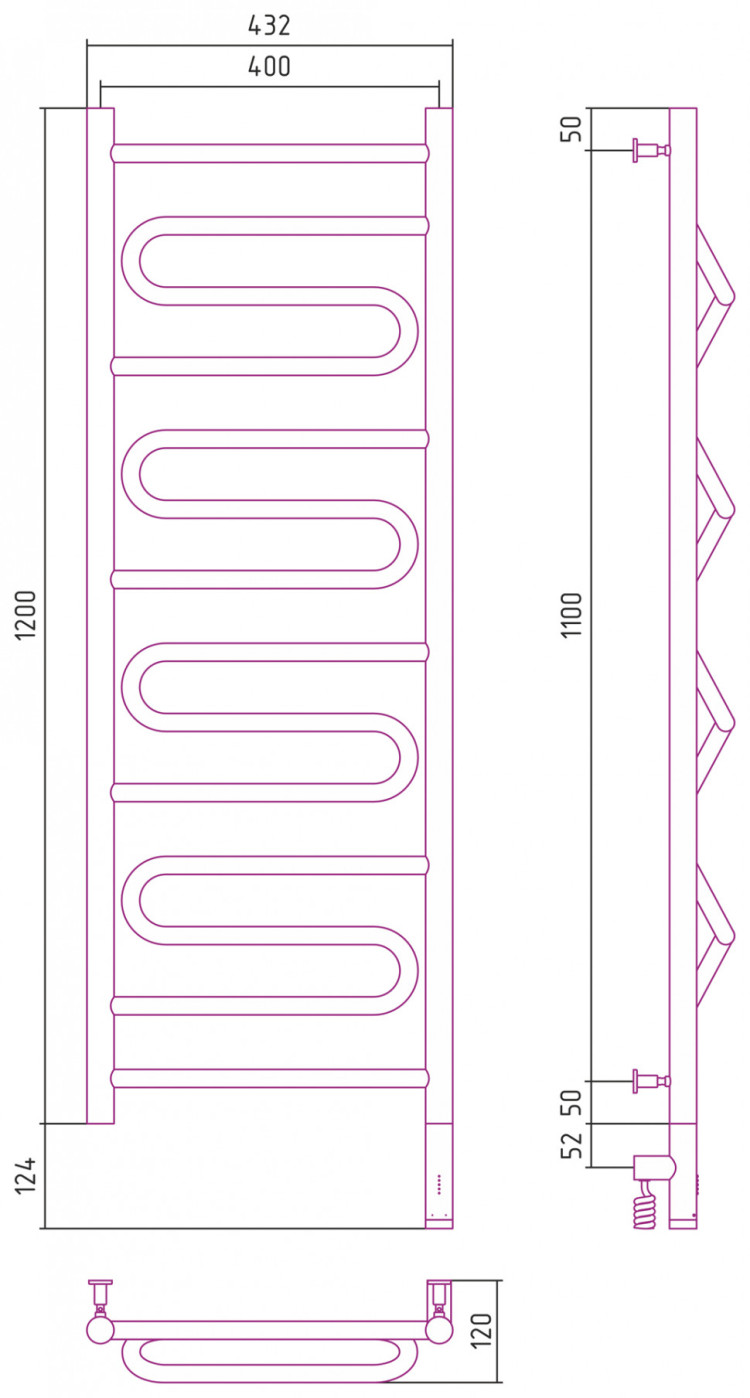 Полотенцесушитель электрический Сунержа Элегия 3.0 1200х400 МЭМ правый Без покрытия