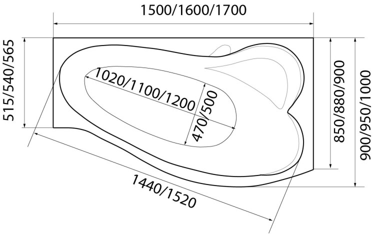 Ванна акриловая асимметричная 1Marka GRACIA 160*95 R