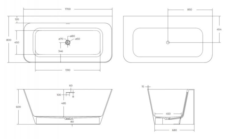 Ванна из искусственного камня Solid Surface 1700x800x600 Cezares CZR-LINER-170-80-60-SSB