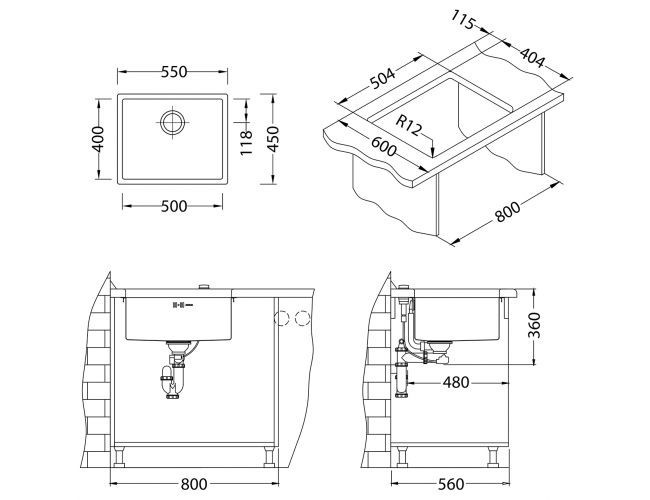 Мойка QUADRIX 50 BRS-90 550 X 450 X 199 в комплекте с сифоном 1130550,