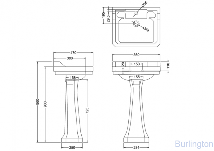 Раковина Edwardian 56 см на 1 или 3 отверстия с пьедесталом Regal