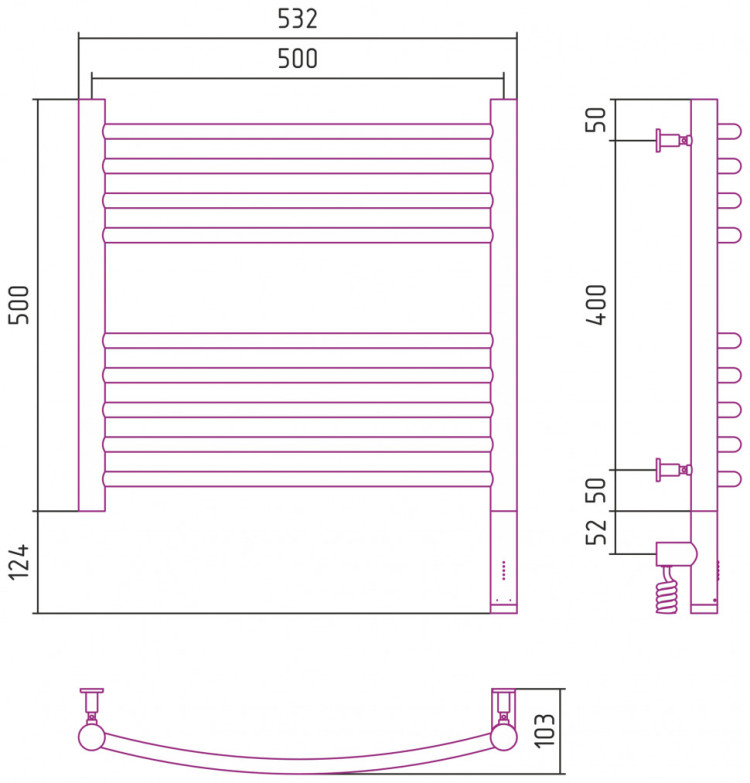 Полотенцесушитель электрический Сунержа Богема 3.0 выгнутая 500х500 МЭМ правый Без покрытия