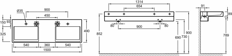 Двойная подвесная раковина-столешница 150 х 49 см Jacob Delafon TERRACEEXA112-00