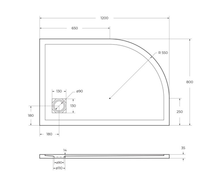 Поддон из искусственного мрамора правосторонний, белый BelBagno TRAY-MR-UNO-RH-120/80-550-35-W-R-NO