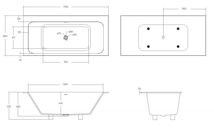 Ванна из искусственного камня Solid Surface 1700x800x570 Cezares CZR-SLIDER-170-80-57-SSB