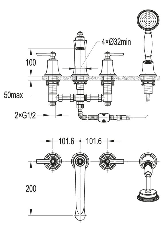 Смеситель на борт ванны с ручным выдвижным душем Cezares LIBERTY-F-BVD4-01