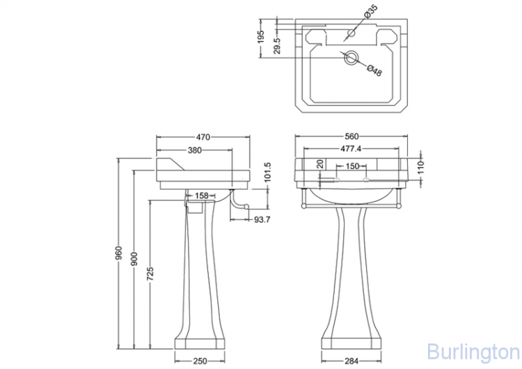 Раковина Edwardian 56 см на 1 или 3 отверстия с пьедесталом Regal и полотенцедержателем