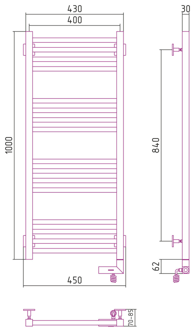 Полотенцесушитель электрический Сунержа Модус 2.0 1000x400 МЭМ правый Матовый чёрный