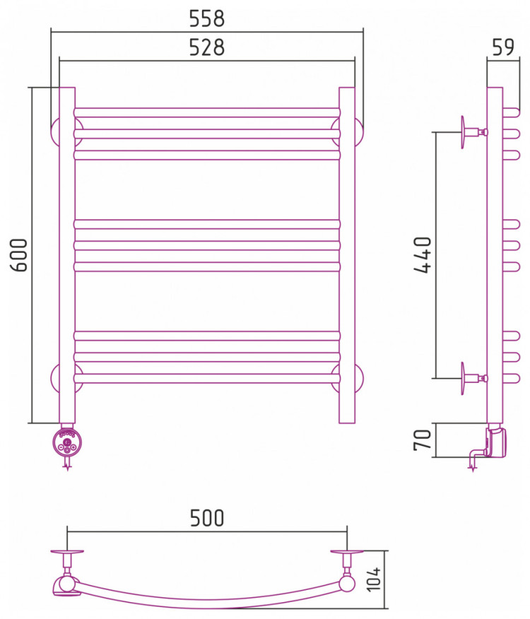 Полотенцесушитель электрический Стилье Формат 10 ТЛ 600х500 (3+3+3) Г16 Без покрытия