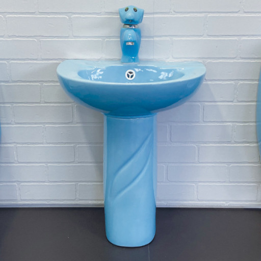 COMFORTY. Комплект детский COMFORTY (голубой): раковина 0991B с донным клапаном DK-02L + пьедестал P0991B + смеситель 01B