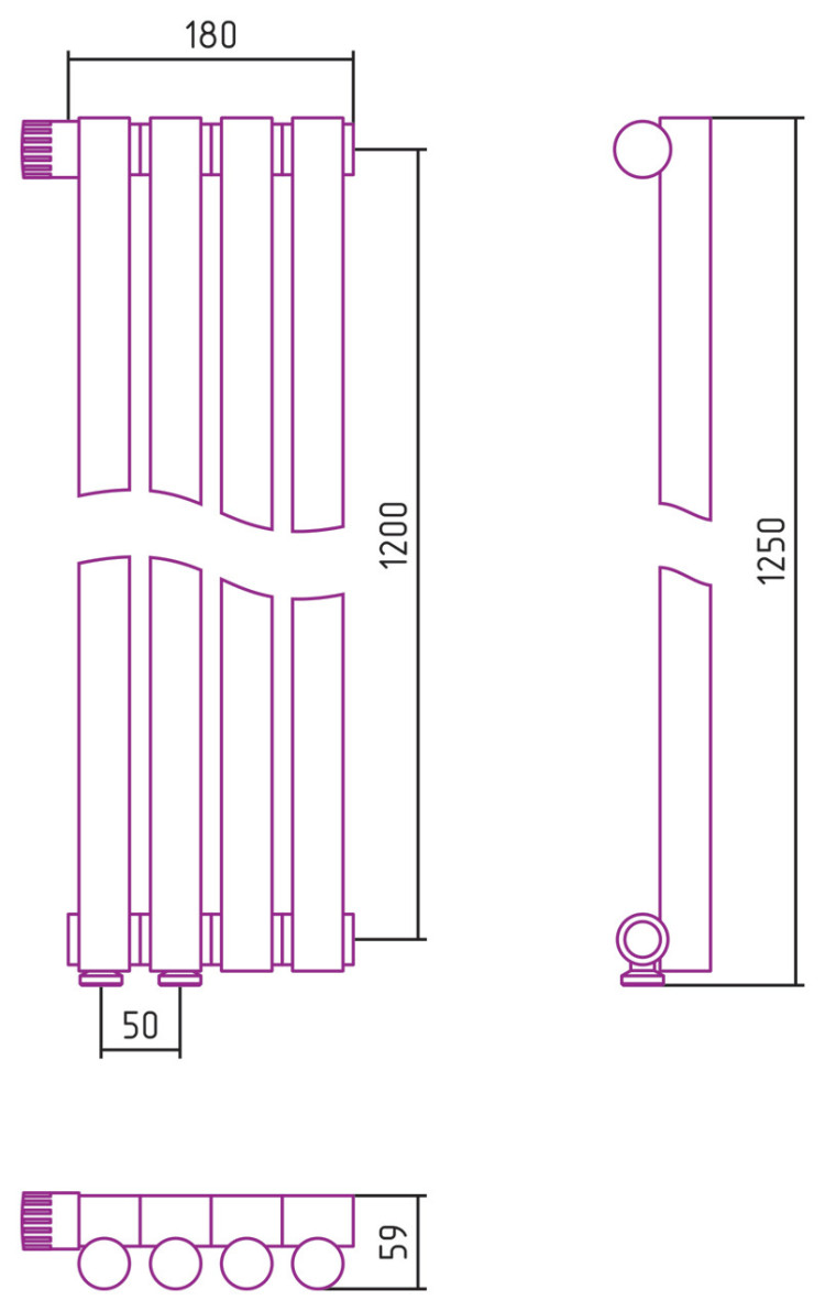 Отопительный радиатор Сунержа Эстет-1 EU50 левый 1200х180 4 секции Тёмный титан муар