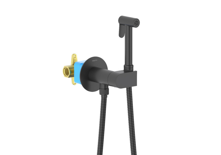 Комплект для гигиенического душа встроенный (смеситель с прогрессивным картриджем + гигиеническая лейка + шланг) Aquatek, матовый черный AQ1024MB ОБЕРОН