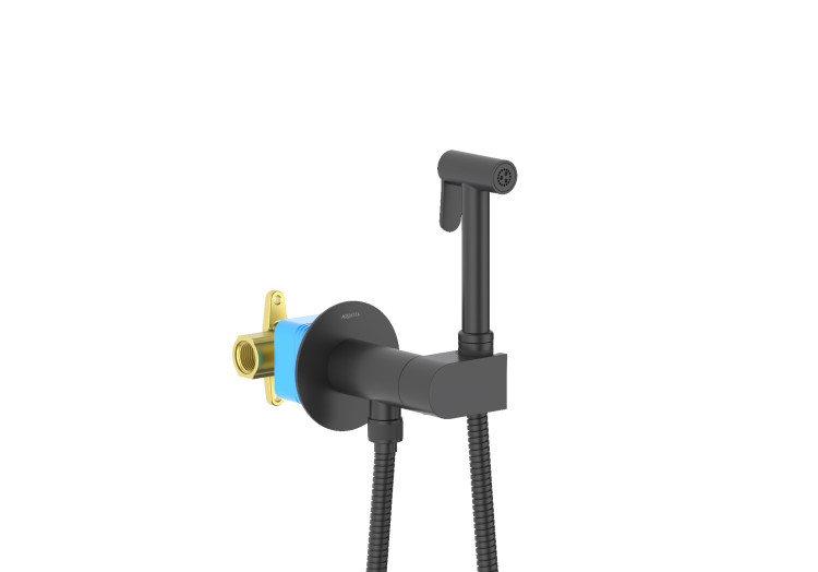 Комплект для гигиенического душа встроенный (смеситель с прогрессивным картриджем + гигиеническая лейка + шланг) Aquatek, матовый черный AQ1024MB ОБЕРОН