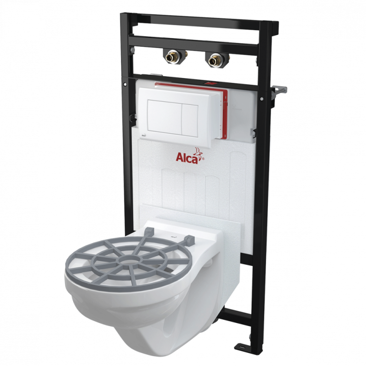 Сет включает в себя: монтажную раму, видуар, изоляционную плиту, откидную решетку и кнопку управления Alcadrain A108F 5:1 SET