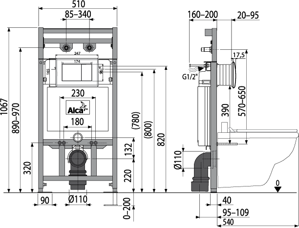 Сет включает в себя: монтажную раму, видуар, изоляционную плиту, откидную решетку и кнопку управления Alcadrain A108F 5:1 SET