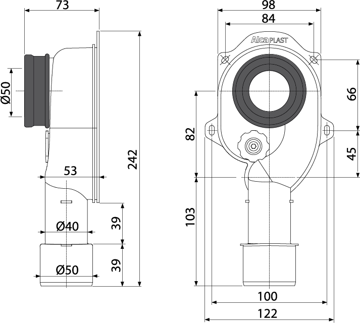 Cифон для писсуара вертикальный DN40 и DN50 Alcadrain A45C