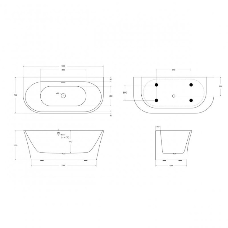 Пристенная, полукруглая акриловая ванна в комплекте со сливом-переливом Cezares BB711-1700-750